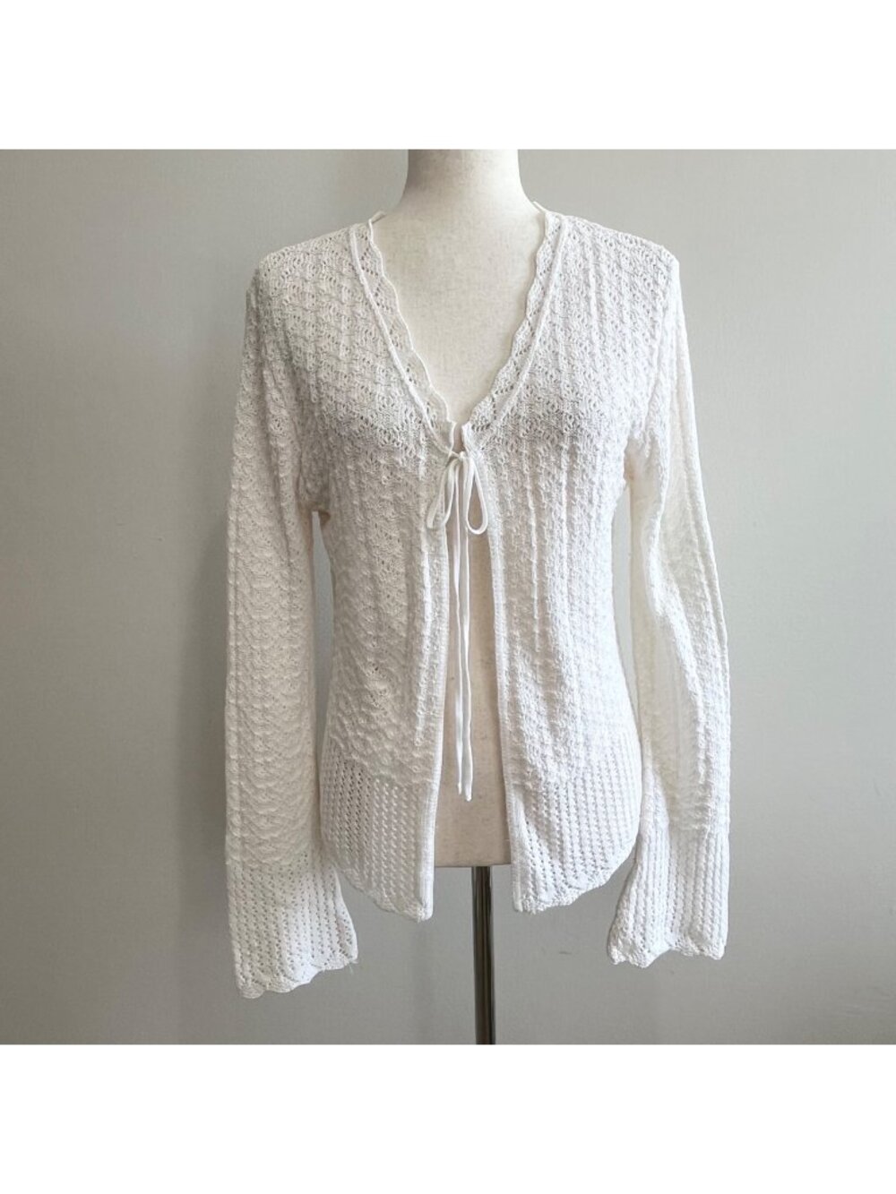 Definitely Vtg Cardigan Open Knit Sweater Womens M White Bell Sleeve Boho Y2K